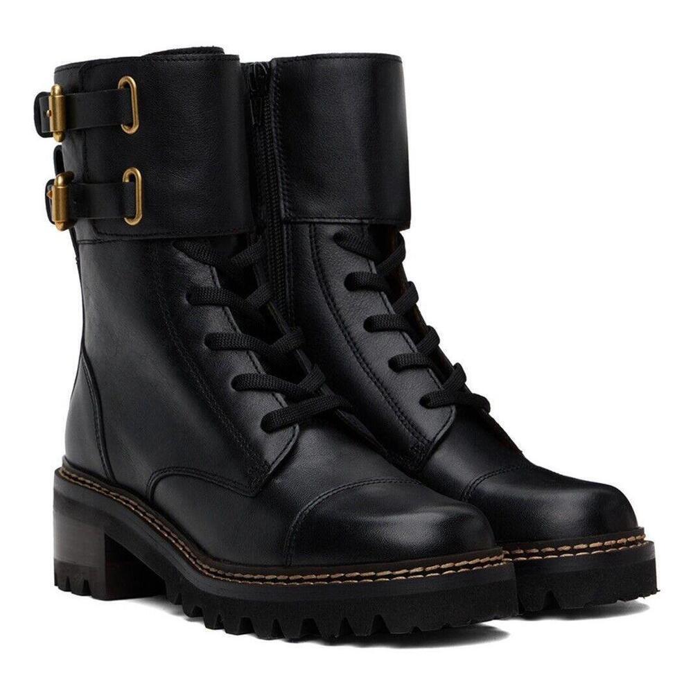 See by Chloe Women Size 37 Black Mallory Combat Ankle Boot Leather Biker $890